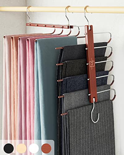MORALVE Pants Hangers Space Saving - European Beechwood Scarf and Jean Hangers - Closet Organizer and Space Saver Pant Rack, Leggings Hanger, and Scarf Holder with 360° Swivel Hook (1 Pack) - color: Mahogany, size: 1 Pack