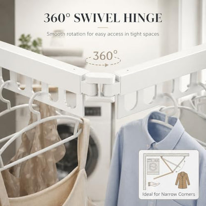 Clothes Drying Rack Carbon Steel Laundry Drying Rack Collapsible White Wall Mounted Clothes Rack 45 Inch Clothes Hanger Rack with Hooks for Drying Clothes - color: White