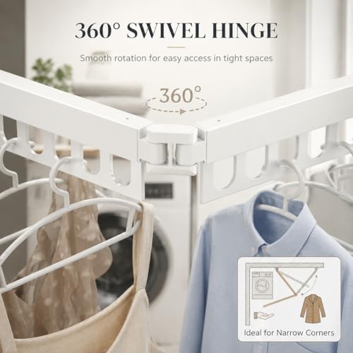 Clothes Drying Rack Carbon Steel Laundry Drying Rack Collapsible White Wall Mounted Clothes Rack 45 Inch Clothes Hanger Rack with Hooks for Drying Clothes - color: White