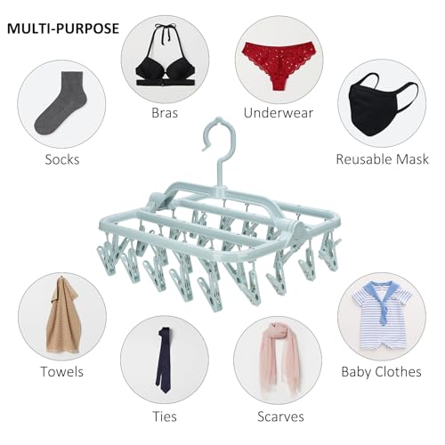 Foldable Clip Hangers with 26 Drying Clips, Underwear Hanger with Clips, Plastic Laundry Clip and Drip Drying Hanger for Socks, Bras, Lingerie, Clothes, Sturdy, Blue - color: Light Blue, size: 1 PC
