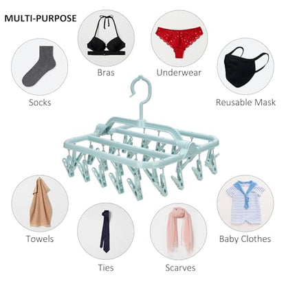 Foldable Clip Hangers with 26 Drying Clips, Underwear Hanger with Clips, Plastic Laundry Clip and Drip Drying Hanger for Socks, Bras, Lingerie, Clothes, Sturdy, Blue - color: Light Blue, size: 1 PC
