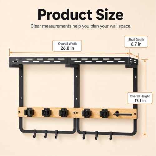 Large Broom Holder and Mop Organizer Wall Mount with Shelf - size: Large