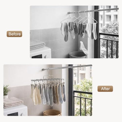 1 Pack Sock Hanger for Drying, Underwear Sock Drying Rack with 20 Clips - color: Beige