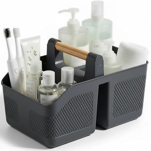 Plastic Shower Caddy Portable Shower Basket with Bamboo Handle, Dark Gray - color: Dark Gray