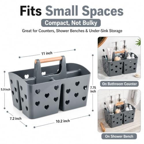 Gray Portable Shower Caddy, Plastic Basket Organizer with Wooden Handle - color: Gray
