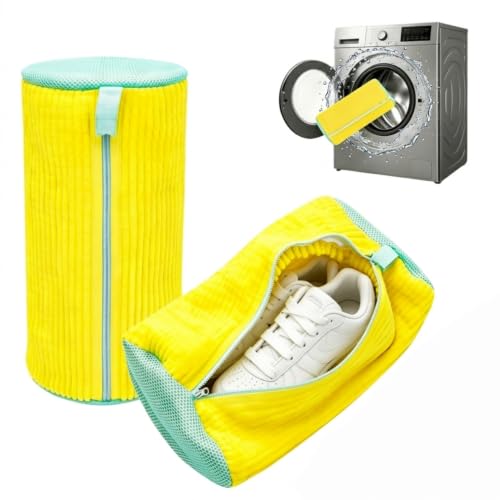 2 Pack Shoe Washing Machine Bag, Works for Washer & Dryer, Reusable Laundry Bag with Self-Locking Zipper, 360° Deep Cleaning for Sneakers and Tennis Shoes (Yellow) - color: Yellow