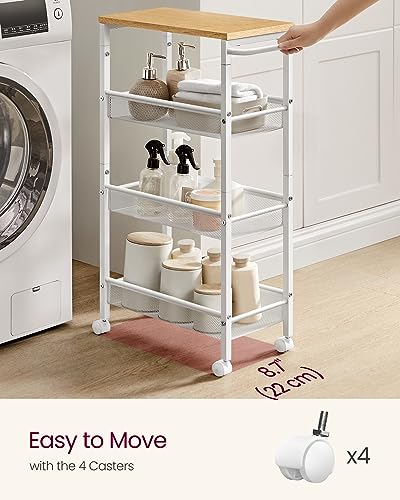 VASAGLE 4-Tier Slim Rolling Storage cart with Wheels, 8.7 Inches, Metal - color: Oak Beige + Classic White, size: 4 Tiers (8.7"D x 30.3"H)