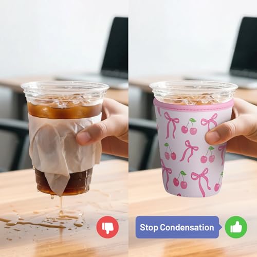 Iced Coffee Sleeve Reusable Neoprene Cup Sleeves, Cherry Bow - color: Cherry Bow