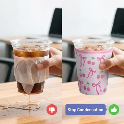 Iced Coffee Sleeve Reusable Neoprene Cup Sleeves, Cherry Bow - color: Cherry Bow