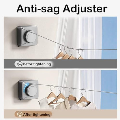 Retractable Clothesline Indoor,Bathroom Clothesline Retracting Heavy Duty Clothes Drying Laundry Line Travel Clothesline for Hotel Room Wall Mounted Stainless Steel Line-13.8 Feets,Gray