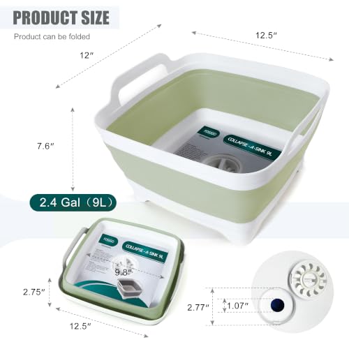 FOSJGO Collapsible Dish Basin with Drain Plug, Foldable Sink, 2.4 Gal (9L) - color: Light Green