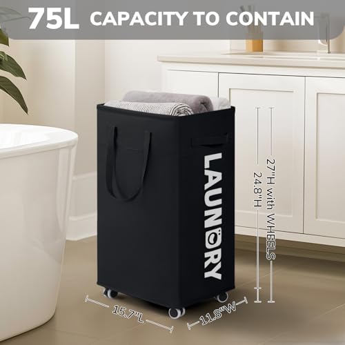 Goodpick 75L Roling Dirty Clothes Hamper with Removable Wash Bag for Dorm - color: Black 1-Pack