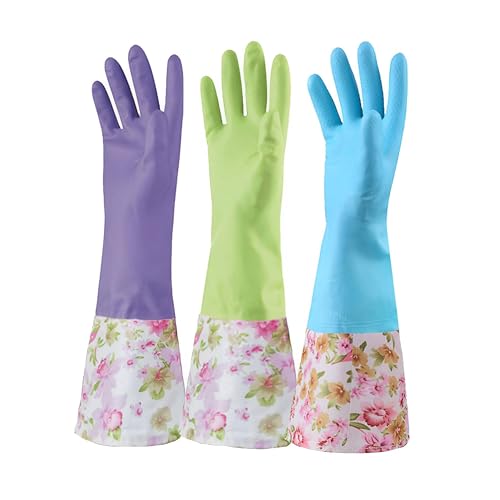 KINGFINGER 3 Pairs Reuseable Rubber Cleaning Gloves, Dishwashing Glove with Flocked Liner, Long Cuff, Non-Slip Cleaning Glove Latex Free,for Household, Kitchen, (L,Blue,Purple,Green)