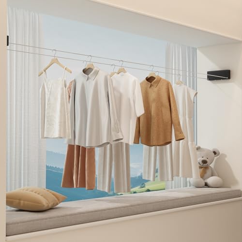 Retractable Clothesline Indoor, Non-Sagging Clothes line retracting Outdoor, Heavy Duty Wall Mounted Laundry Line Adjustable Stainless Steel for Laundryroom, Bathroom, 15.8 Feets Double Lines Black - style: Black