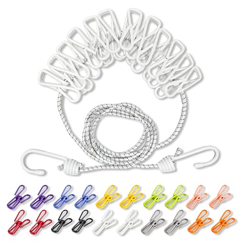 Portable Adjustable Clothesline with Built‑in 12 Solid‑Color Clothespins & 20 Separate Colorful Clips, Laundry Line for Indoor Outdoor Travel Camping Hotel Use (White) - color: White & 20 Colorful Clips(non‑windproof)
