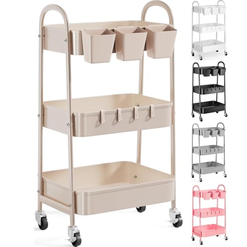 3 Tier Khaki Metal Utility Rolling Cart, Storage Cart with Lockable Wheels - color: Rustic Khaki, size: 3 tier