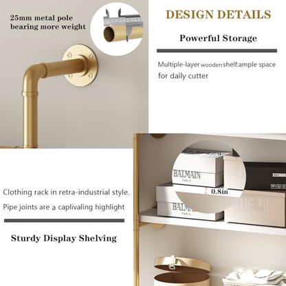 HOMEKAYT Industrial Pipe Clothes Rack with Shelves, Gold Clothing Rack Wall Mounted Heavy Duty Multi-Purpose Storage Clothes Hanging Shelf - 70.8''L Gold - color: gold, size: 70.8''L-B