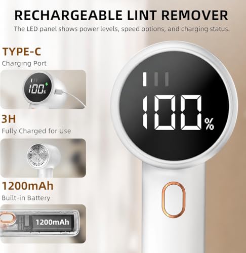 Fabric Shaver, Lint Remover Rechargeable, Electric Portable Sweater Defuzzer with 3 Speeds, 6 Leaf Blades, Digital LED Display to Remove Pilling for Clothes, Furniture, Sweater, Couch, Blanket - color: White