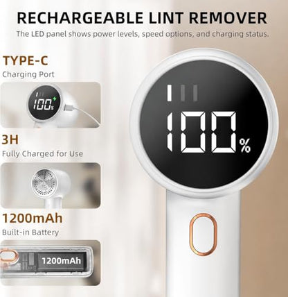 Fabric Shaver, Lint Remover Rechargeable, Electric Portable Sweater Defuzzer with 3 Speeds, 6 Leaf Blades, Digital LED Display to Remove Pilling for Clothes, Furniture, Sweater, Couch, Blanket - color: White