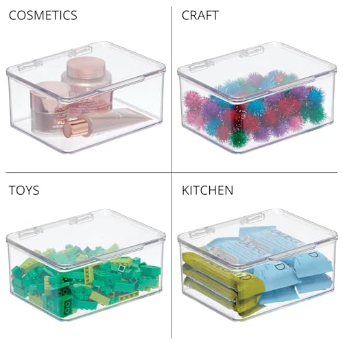 mDesign Small Plastic Home Office Storage Organizer Box Containers w/Hinged Lid for Desktops - Holds Pens, Pencils, Sticky Notes, Highlighters, Staples, Supplies - Lumiere Collection, Clear