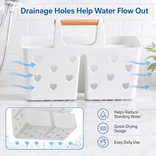 White Portable Shower Caddy, Plastic Basket Organizer with Wooden Handle - color: White