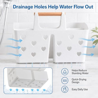 White Portable Shower Caddy, Plastic Basket Organizer with Wooden Handle - color: White