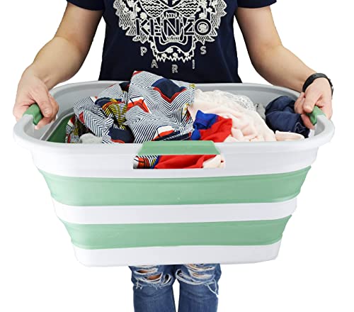 SAMMART 30L(8 gallon) Collapsible Plastic Laundry Basket - Foldable Pop Up Storage Container/Organizer - Space Saving Hamper/Basket - Water Capacity 24L(6.3 gallon) (1, Grey/Dark Sea Green) - color: Grey/Dark Sea Green