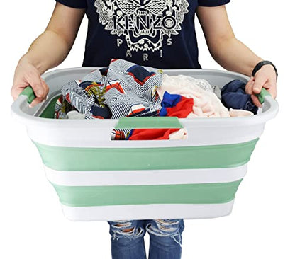 SAMMART 30L(8 gallon) Collapsible Plastic Laundry Basket - Foldable Pop Up Storage Container/Organizer - Space Saving Hamper/Basket - Water Capacity 24L(6.3 gallon) (1, Grey/Dark Sea Green) - color: Grey/Dark Sea Green