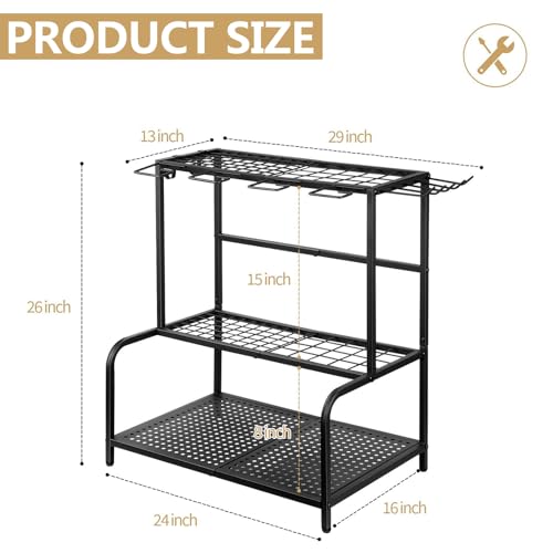 Garden Tool Storage Rack, 3 Tier Heavy-Duty Steel Garden Tool Organizer Stand Up To 70 Long Handled Shovels/Rakes/Brooms, 24×16×26inch Garage Tool Shelf for Shed, Yard, Garage