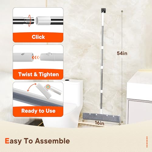 2-in-1 Floor Squeegee Broom, 180-Degree Head, 2 Microfiber Pads - size: 16in / 4-Section Handle / 2 Pads