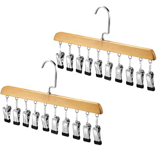 Novabright 2 Pcs Closet Organizers with 10 Clips Hat Pants Scarf Socks Hangers Wood Space Saving Rotating Hanging Hangers Clothespins with Padded Clips for Leggings Bra Tie Belt Jeans Skirt (Wood) - color: Wood