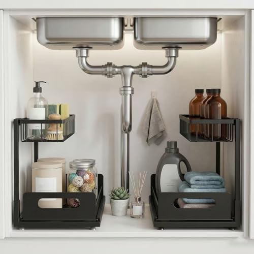 Under Sink Organizer, 2-Tier Pull-Out Metal Drawer, 2 Pack - color: Black, size: Standard-2 Pack