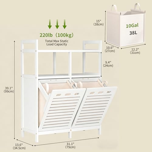 VASMIA Tilt Out Laundry Hamper Cabinet, Bamboo Double Laundry Hamper with 2 Removable Laundry Baskets, 20 Gal Laundry Sorter Organizer with Shelf for Dirty Clothes, Bathroom, Laundry Room, White - color: White, size: 31.1"L x 13.6"W x 39.1"H