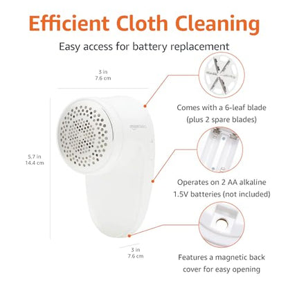 Amazon Basics Battery Operated Fabric Shaver for Clothes, Remove Pilling, Lint and Fuzz Removal, 6-Leaf Blades with Safety Lock, Portable, Includes 2 Spare Blades, White