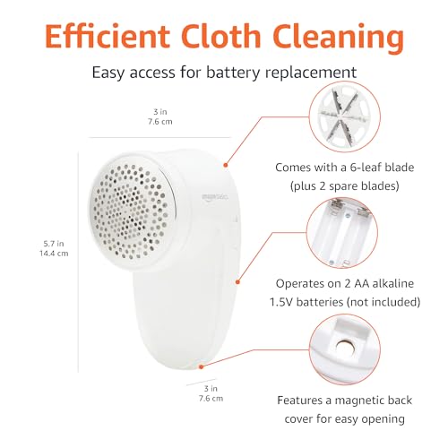 Amazon Basics Battery Operated Fabric Shaver for Clothes, Remove Pilling, Lint and Fuzz Removal, 6-Leaf Blades with Safety Lock, Portable, Includes 2 Spare Blades, White