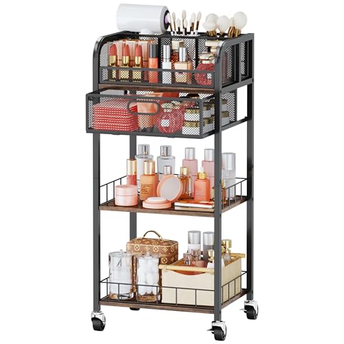 HapiRm Makeup Organizer Storage Cart - 4 Tier Skincare Make Up Storage with Drawer, Rolling Makeup Cart Vanity Organizer Cosmetics Display Cases Holder for Skin Care Perfume Nail Polish Brush - color: Black