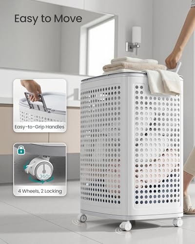 SONGMICS Laundry Hamper with Wheels, 75 L Laundry Basket with Lid - color: White + Gray, size: Lid and Wheels