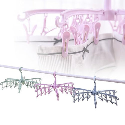 Clothes Sock Drying Hanger with 24 Clips,Foldable Hanging Rack - color: Pink