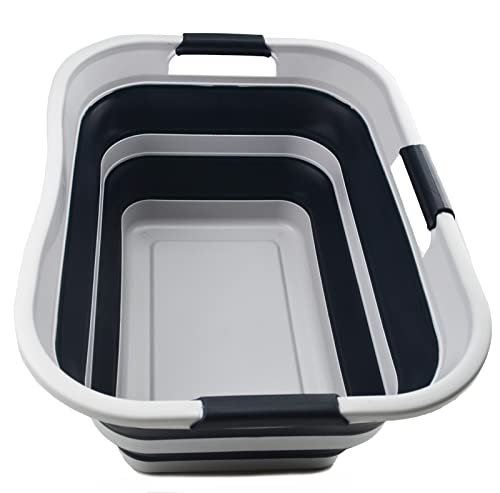 SAMMART 30L(8 gallon) Collapsible Plastic Laundry Basket - Foldable Pop Up Storage Container/Organizer - Space Saving Hamper/Basket - Water Capacity 24L(6.3 gallon) (1, Grey/Slate Grey) - color: Grey/Slate Grey
