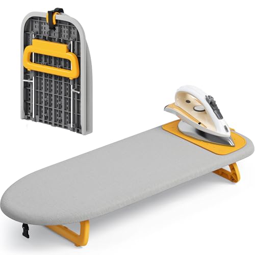 KINGBOARD Small Ironing Board with Iron Mat, Compact Tabletop Iron Board - color: Grey & Orange