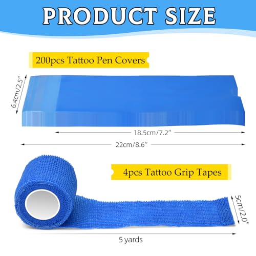 200PCS Tattoo Pen Covers with Self-adhesive Strip 4PCS Tattoo Grip Wrap Bandages Tattoo Machine Bags Tattoo Supplies Accessories (Blue, 200pcs Bags+4pcs Tape) - color: Blue, size: 200pcs Bags+4pcs Tape