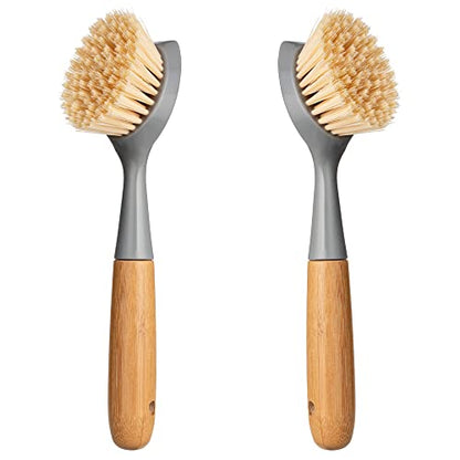 2 Pack Kitchen Dish Brush Bamboo Handle Dish Scrubber Built-in Scraper - style: Gray
