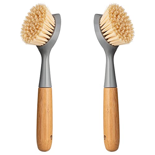 2 Pack Kitchen Dish Brush Bamboo Handle Dish Scrubber Built-in Scraper - style: Gray