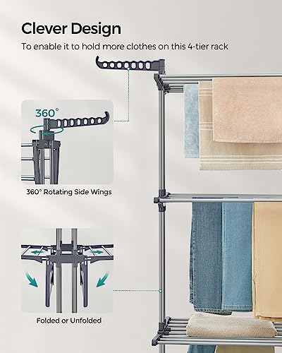 SONGMICS 4-Tier Clothes Drying Rack, Foldable, Rolling, 66.6-Inch Tall - color: Dove Gray, style: 4-Tier