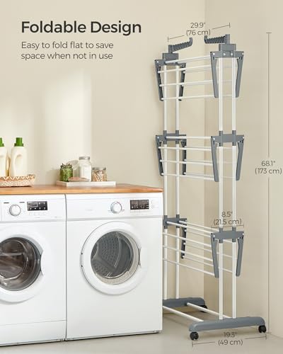 SONGMICS 4-Tier Clothes Drying Rack, Foldable, Rolling, 66.6-Inch Tall - color: White + Gray, style: 4-Tier