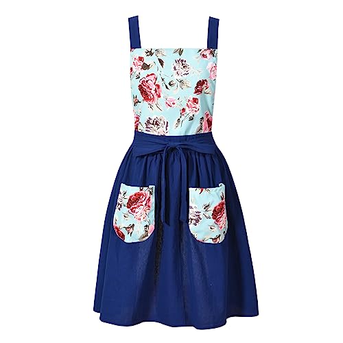 Pinknoke Vintage Pinafore Aprons for Women with Pockets for Kitchen - color: Navy