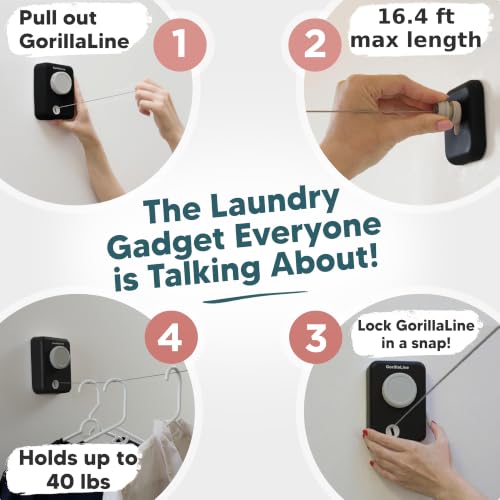 GorillaLine Max – Retractable Clothesline Indoor Outdoor, Non-Sagging Heavy Duty Clothes Drying Line, Wall Mounted Drying Rack, Air Dry Clothing, Max Tighten with GorillaGrip - color: Black Max