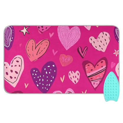 Hot Pink Doodle Hearts Stars Valentine Ironing Mat Portable Ironing Pad Blanket with Silicone Iron Rest for Table Top Travel Heat Resistant Double-Side Using Large 47x28 Inch Foldable - color: Hot Pink Doodle Hearts Stars