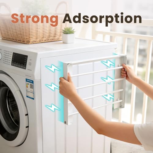 Foldable Wall Mounted Clothes Drying Rack,Space-Saving Laundry Drying Rack, Magnetic & Punch-Free Retractable Hanging Rack with 4 Drying Bars, Heavy-Duty Fold Down (White) - color: White