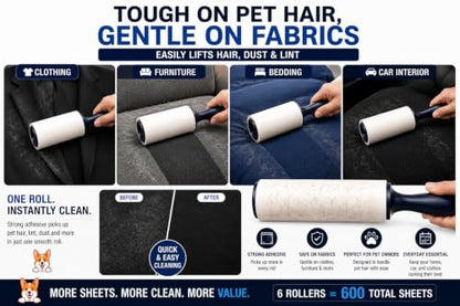 Extra Sticky Lint Roller for Pet Hair, 6 Pack 600 Sheets - size: 6 Packs